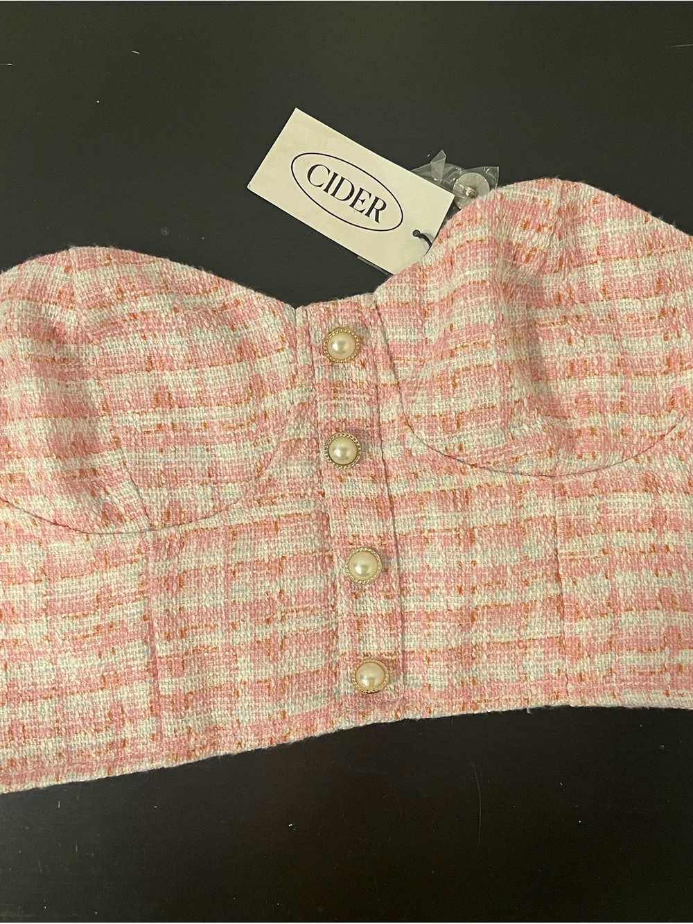 NWT Cider Pink Tweed Strapless Bustier with Pearl Buttons